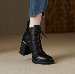 Botas al tobillo de plataforma para mujer 8 cm gruesas tacón alto zapatos punta y punta moda - Imagen 1 de 16