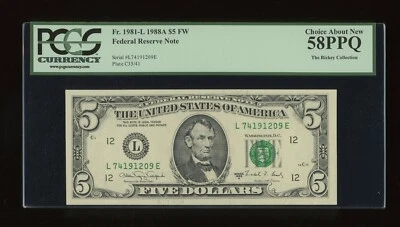 DBR 1988-A $5 FRN San Francisco Fr. 1981-L PCGS 58 PPQ Serial L74191209E - Image 1 of 2