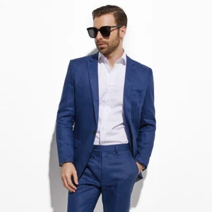 Light Weight Linen Suits Men Custom Made Groom Suits Light Navy Blue Slim Fit - Picture 1 of 5