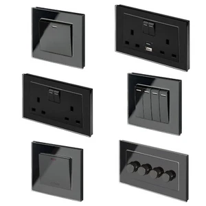 RetroTouch Black Glass PG Light Switches, Plug Sockets, Dimmers, Cooker, Fused - Picture 1 of 34