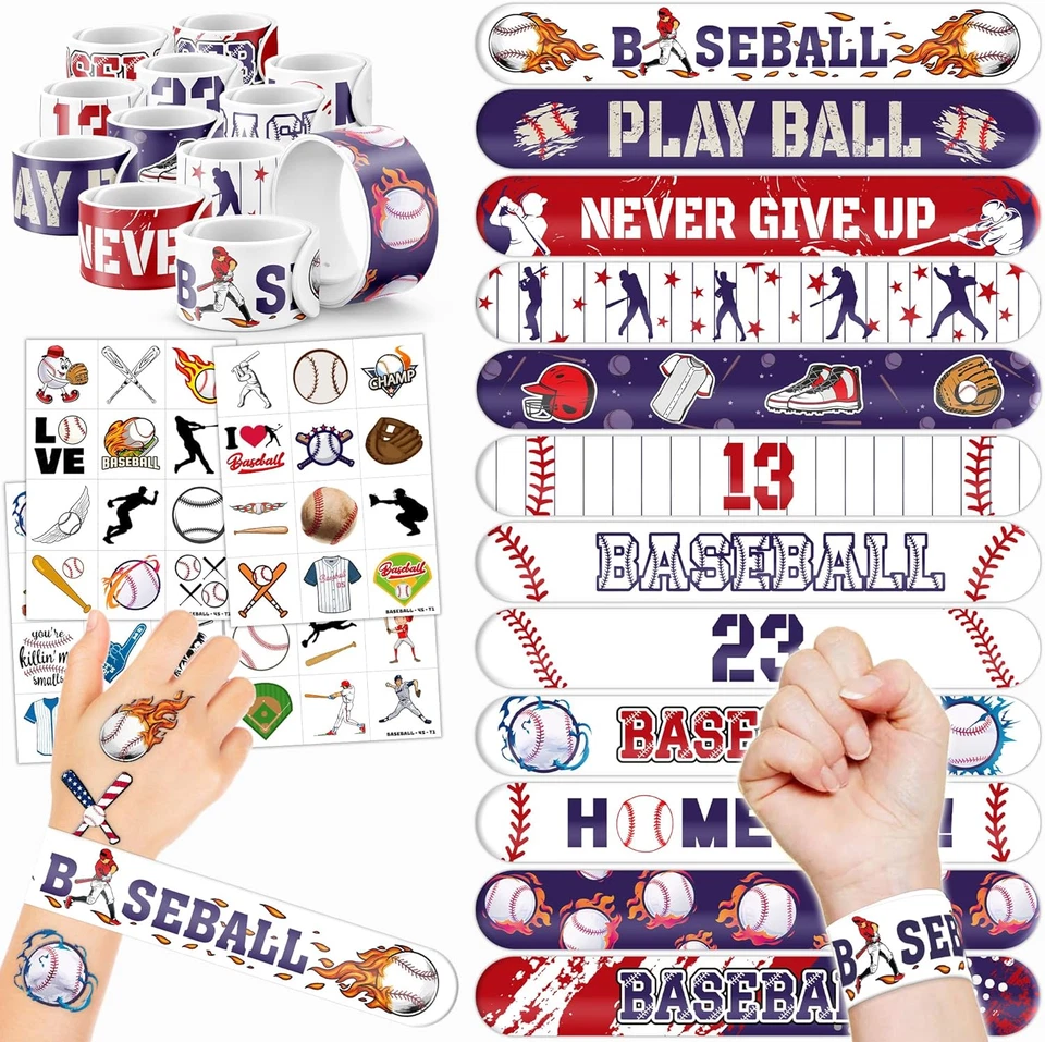 72 PIEZAS Favores de Fiesta de Béisbol - 48 Tatuajes Precortados y 24 Pulseras de Bofetada para Niños, P Foto 1 de 4