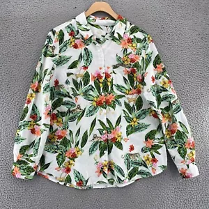Charter Club Shirt Womens Medium Green Floral Linen Blend Button Roll Tab Sleeve - Picture 1 of 11