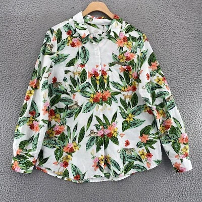 Charter Club 衬衫女式中号绿色花卉亚麻混纺纽扣卷袖 — 第 1/4 张图片