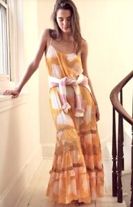 Free People Maxi Slip Dress Make Your MoveLace Ruffle Floral Yellow Orange L NWT