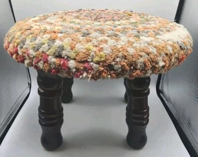 Braided Rug Stool Cottage Core Vintage 4 Legs  Multicolored 13" Across Sturdy  - Image 1 of 4