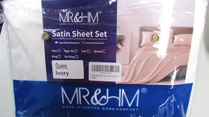 MR&HM Satin Bettwäsche ELFENBEIN Queen Size Bettwäsche Set, 4-teiliges seidiges Bettwäsche Set - Bild 1 von 3