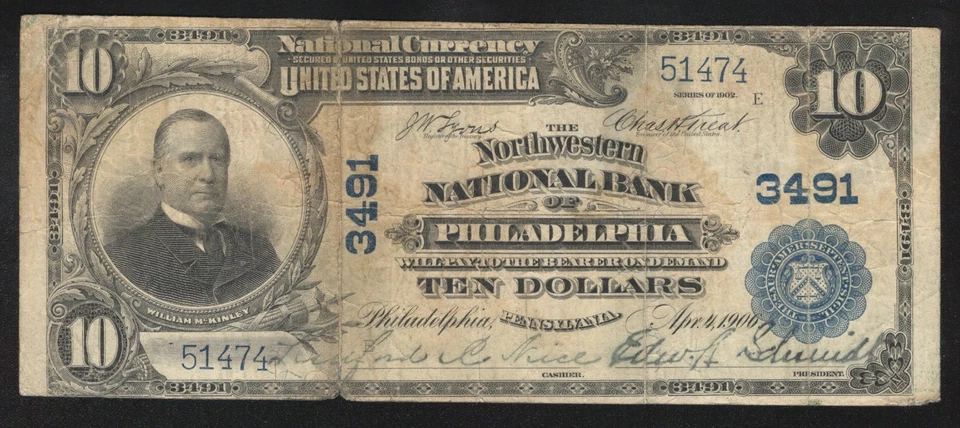 1902 $10 NORTHWESTERN NATIONAL BANK PHILADELPHIA PA BANKNOTE 51474 - Image 1 of 2