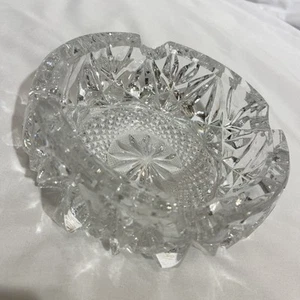 5” 70’s Clear Crystal Glass Cigar Ashtray 4 Slot Diamond Cut Etched Flower - Picture 1 of 9