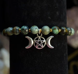 Triple Moon Goddess & Turquoise Bracelet Wiccan Lunar Occult Witchy Jewelry Gift - Picture 1 of 10