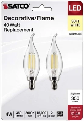 Filament Led Bulb CA10 E12 40W Soft White 2-PK - SATCO S21841 - Image 1 of 4