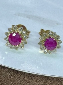 9ct Yellow Gold 7mm Round Diamond/Ruby Cluster Earrings  - Picture 1 of 15