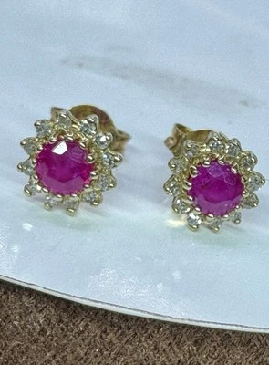 9ct Yellow Gold 7mm Round Diamond/Ruby Cluster Earrings  - Image 1 of 4