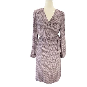 Ann Taylor 100% Seide Animal Print Wickel Transparent Langarm Midi Lila Kleid 90s - Bild 1 von 11