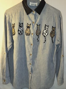 Cat Embroidery Size Med Button Up Shirt Casey & Max Women's Teacher Pin Stripe - Picture 1 of 13