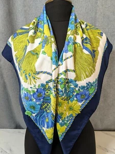 Lovely Vintage Olive Aegean and Cobalt Colour Poly Large Scarf 34"x 34" - Picture 1 of 5