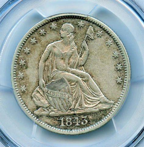 1843 Liberty Seated Half Dollar, PCGS AU50 Cover