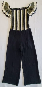 VENUS CROCHET JUMPSUIT Women's Sm BLACK Multi Striped FLUTTER SLEEVES Acrylic - Picture 1 of 6