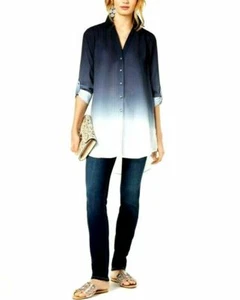 INC Tunic Top Blue Dip Dyed Rhinestone Button Front Split Neck Spread Collar XS - Picture 1 of 6