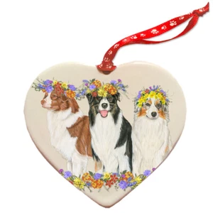 Australian Shepherd Porcelain Floral Heart Shaped Ornament Double-sided - Picture 1 of 2