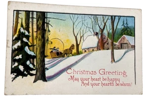 Vintage Christmas Postcard Horsedrawn Sleigh Woodland Farmhouse Sunset Cancelled - Picture 1 of 10