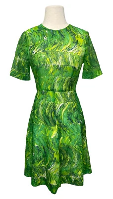 Vtg Green Fit & Flare Dress Small Med Short Sleeve Marbled  Watercolor Mod - Image 1 of 4