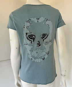 Zadig & Voltaire Tunisien MC Patch Skull Cotton Tee Shirt green/teal sz S - Foto 1 di 4