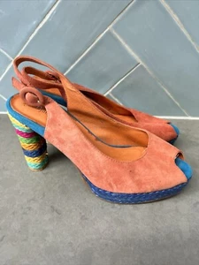 DJANGO & JULIETTE 35 Orange Suede Leather Shoes Block Heels Sling Back Peep Toe - Picture 1 of 12