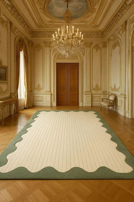 Modern Interior Accent Carpet Hand Tufted Wool Rug with Scalloped Border 9x12 - Image 1 of 4