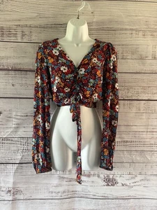 Superdry Size 8 Burgundy Floral Crop Top, Long Sleeve Boho Festival Blouse - Picture 1 of 18