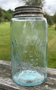 Vintage Masons “2” Patent Nov 30th 1858 Blue Quart Mason Jar With Zinc Lid - Picture 1 of 17