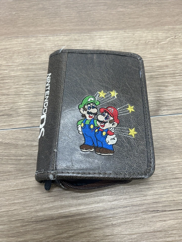Nintendo DS Game Case Super Mario Luigi Faux Brown Leather Embroidered Zipper - Image 1 of 4