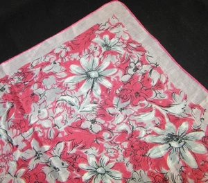Vintage Hankie Linen Shades of Pink Floral Gray Accent Hand Rolled 13" X 14" - Picture 1 of 5