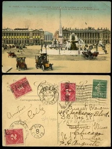 POSTAGE DUE 1922 USA...FRANCE PPC PLACE de CONCORDE REDIRECTED MOLINE CHICAGO - Picture 1 of 1