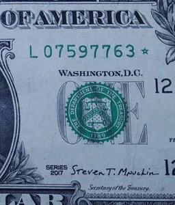 San Francisco district star note L07597763* 2017 fw print fancy serial number $1 - Picture 1 of 4