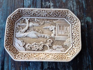 CHINESE WHITE CINNABAR HIGH RELIEF CARVED PLAQUE TRAY MID CENTURY - Picture 1 of 10