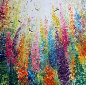 Field of Dreams Vibrant Colors Wildflowers Bees, Butterfly Original Oil Painting - Picture 1 of 10