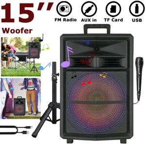 15" Tieftöner Tragbar Party Bluetooth Lautsprecher HeavyBass Sound FM TWS LED Ständer Mikrofon - Bild 1 von 15