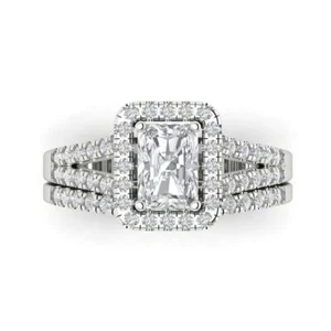 1.6ct Emerald Round Halo Moissanite Wedding   Bridal Ring set 14k White Gold - Picture 1 of 11