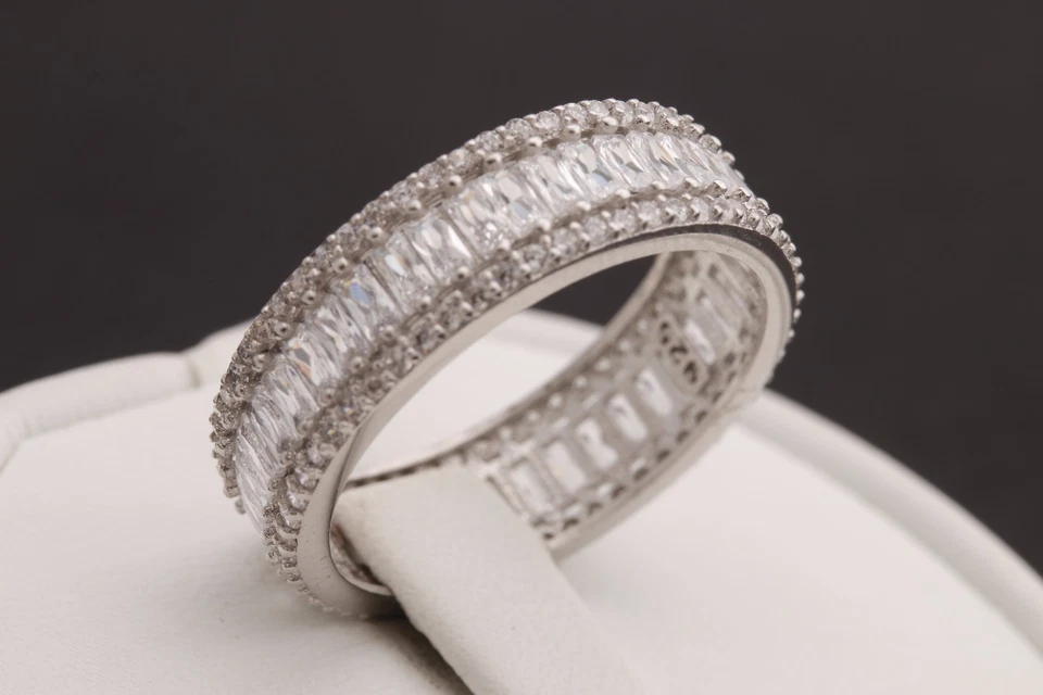 Turkish Jewelry Baguette Topaz Rhodium 925 Sterling Silver Band Ring Size - Image 1 of 4