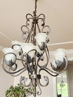 2 VINTAGE HAND WROUGHT IRON CHANDELIER 6 BULB LATE 20TH CENTURY GOTHIC CHAIN - Image 1 of 2