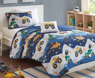 MONSTER TRUCKS RALLY QUILT SET : KIDS BOYS WHITE BLUE COVERLET JAM BEDDING - Image 1 of 4