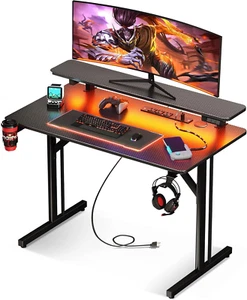 Small Gaming Desk with LED Lights & Power Outlets, 31 Inch Computer Desk Gaming - Picture 1 of 8