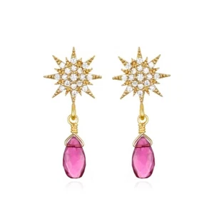 Starburst Post Earrings 14k Gold Plated Pink Tourmaline Gemstone Drops 1" - Picture 1 of 1