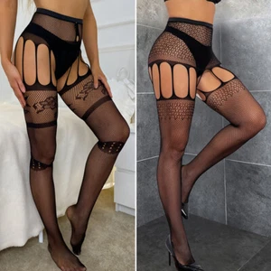 Womens Sexy Black Crotchless Fishnets Suspender Tights Stockings One Siz - Picture 1 of 14