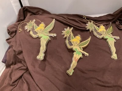"Juego de 3 adornos navideños Disney Tinker Bell plano dorado plástico y brillo de colección 6,5""" Foto 1 de 4