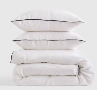 New Quince Linen Full/Queen Piped Duvet Cover Set White Black Pillow Cases - Image 1 of 4