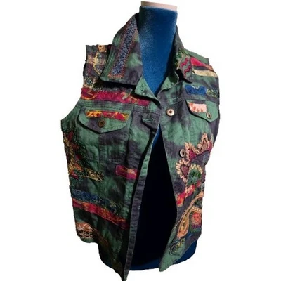 Chaleco Chico's bordado retazos arte para usar talla 1 Retro Verde Boho Funky Foto 1 de 4
