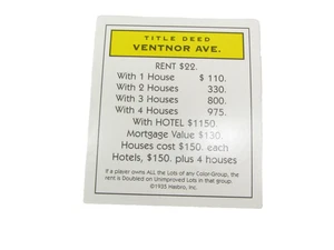 Tarjeta de título de propiedad clásica Monopoly 1999 reemplazo Ventnor Ave - Imagen 1 de 2