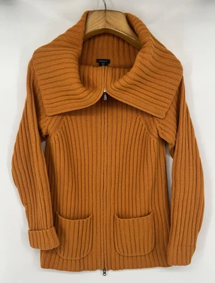 GANT Ribbed Knit Full-Zip Cardigan Shawl Collar  Y2K Lambswool XL Orange Pockets - Image 1 of 4