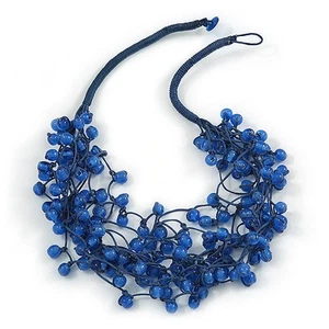 Multistrand Blue Ceramic Bead Cotton Cord Necklace - 58cm Long - Picture 1 of 4